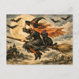 Vintage Halloween Witch, Black Cat on the Broom Holiday Postcard