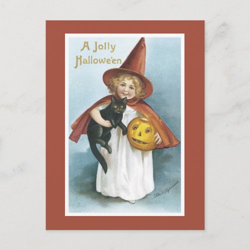 Vintage Halloween Witch Black Cat Postcard