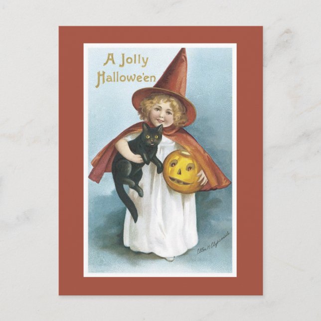 Vintage Halloween Witch Black Cat Postcard (Front)