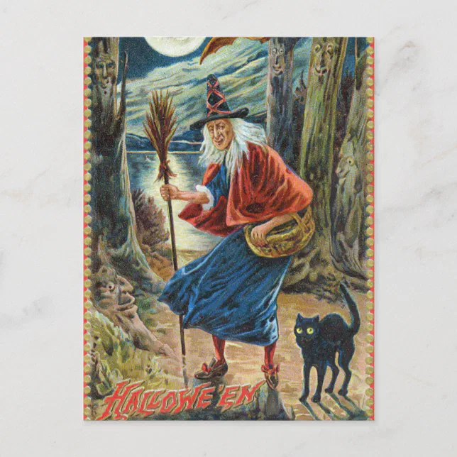 Vintage Halloween witch black cat postcard | Zazzle