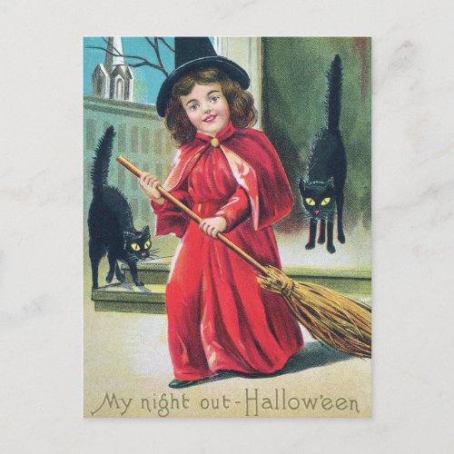 Vintage Halloween witch black cats postcard