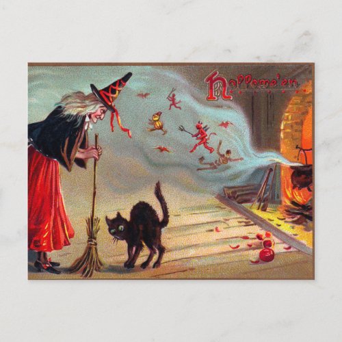 Vintage Halloween witch black cats postcard