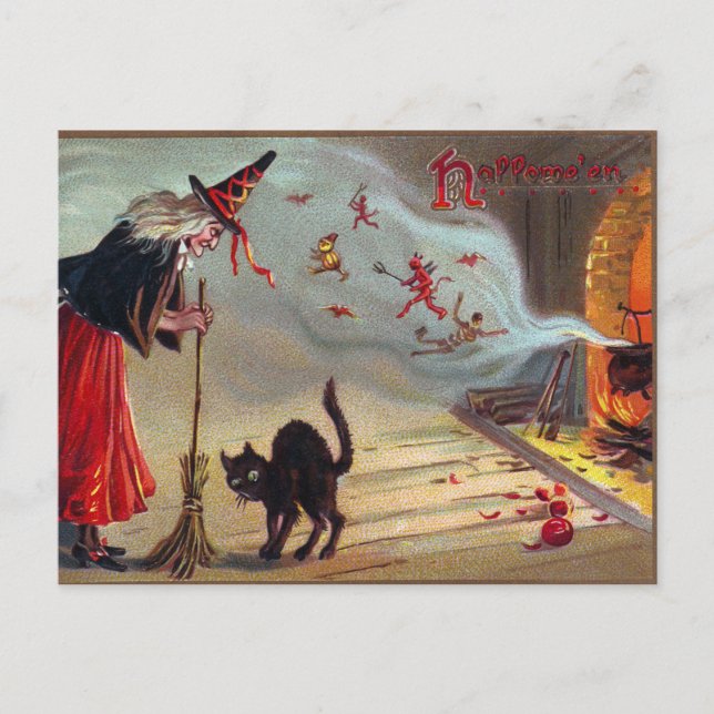 Vintage Halloween witch black cats postcard (Front)