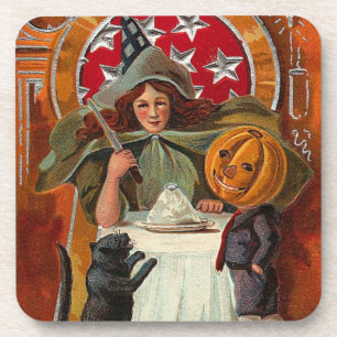 Vintage Halloween Witch Casting Spell with Wand Beverage Coaster
