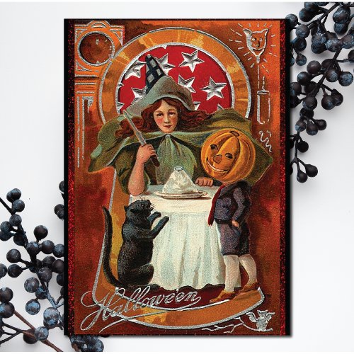 Vintage Halloween Witch Casting Spell with Wand Card