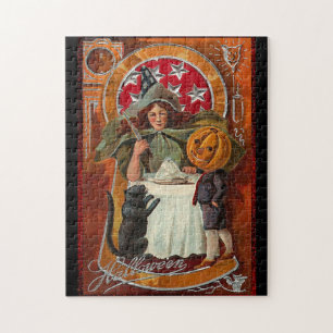 Vintage Halloween Witch Casting Spell with Wand Jigsaw Puzzle