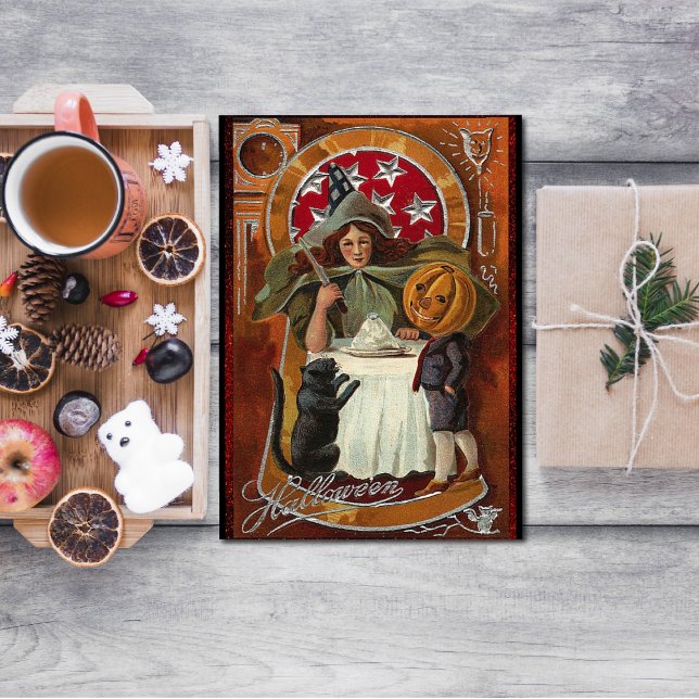 Vintage Halloween Witch Casting Spell with Wand Postcard (Creator Uploaded)