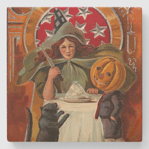 Vintage Halloween Witch Casting Spell with Wand Stone Coaster