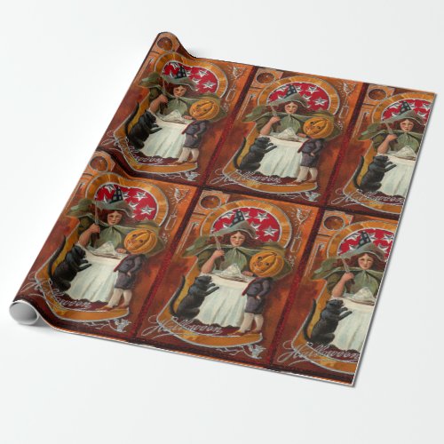 Vintage Halloween Witch Casting Spell with Wand Wrapping Paper