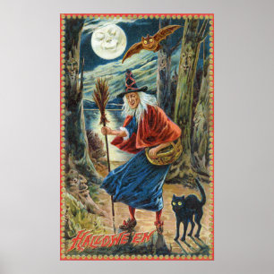 Vintage Halloween witch cat bat party decor poster