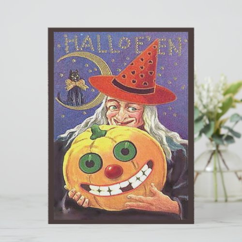 Vintage Halloween Witch Cat Pumpkin LG Postcard