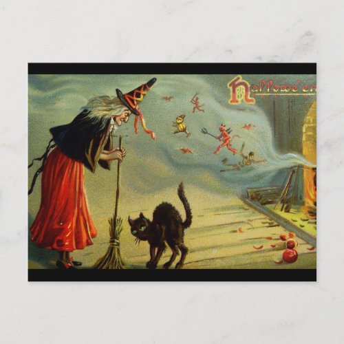 Vintage Halloween Witch Disciplining Black Cat Postcard