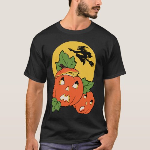 Vintage Halloween Witch Flies Over A Pumpkin Patch T_Shirt