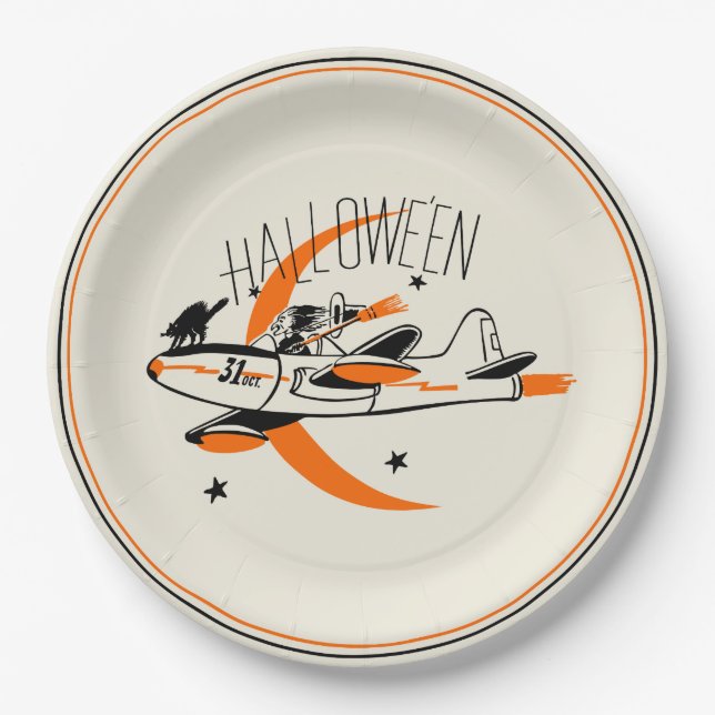 Vintage Halloween Witch Flying A Plane Paper Plates (Front)