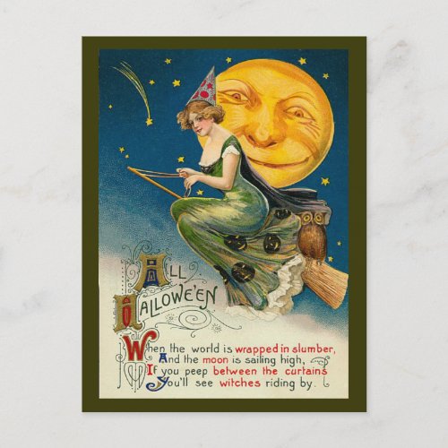 Vintage Halloween Witch Flying on her Magic Broom Holiday Postcard