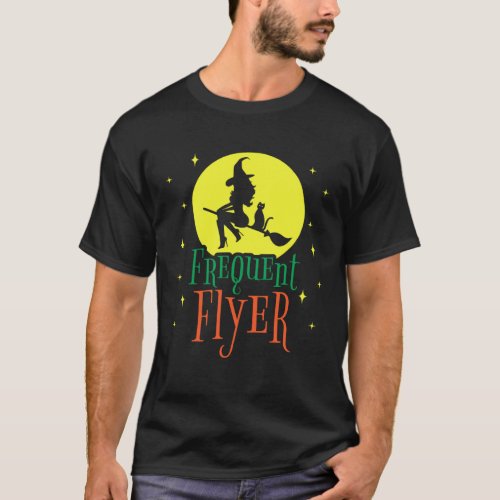 Vintage Halloween Witch Frequent Flyer Cat Moon Wo T-Shirt