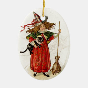 Vintage Halloween Witch Girl With Black Cat Ceramic Ornament