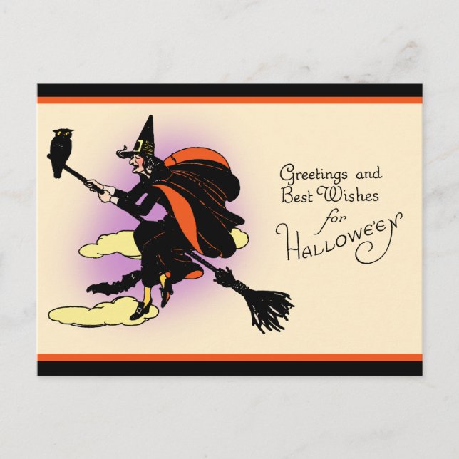 Vintage Halloween Witch Greeting Postcard (Front)