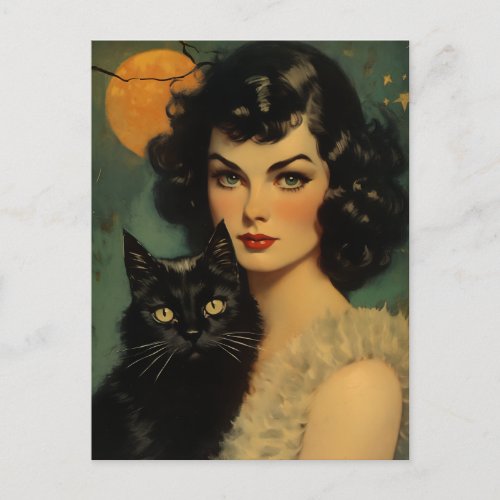 Vintage Halloween Witch Holding Black Cat Postcard