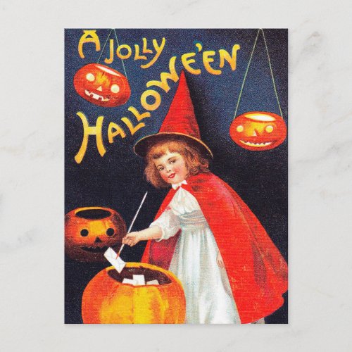 Vintage Halloween witch Holiday pumpkin postcard
