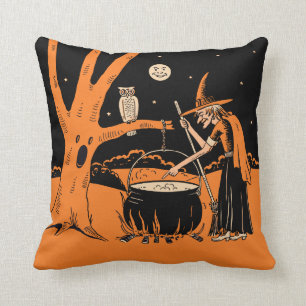 Vintage Halloween Witch in a Haunted Forest Throw Pillow