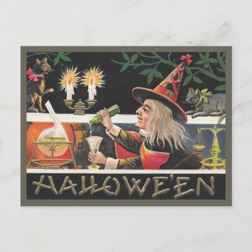 Vintage Halloween Witch Mixing Magic Potion Postcard