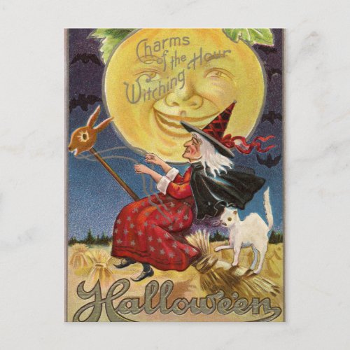 Vintage Halloween witch moon cat postcard