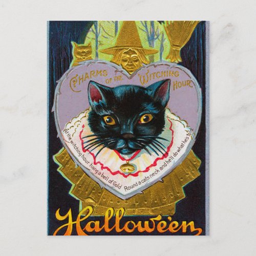 Vintage Halloween witch moon cat postcard