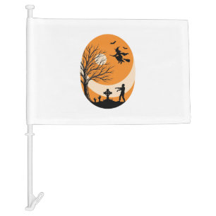 Vintage Halloween Witch Moon Graveyard Vector Desi Car Flag