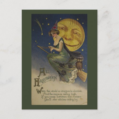 Vintage Halloween witch moon owl Postcard