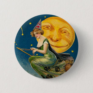 Vintage Halloween Witch Moon Pinback Button