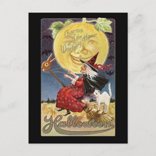 Vintage Halloween Witch Moon Postcard
