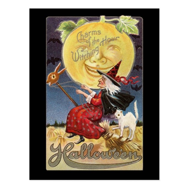 Vintage Halloween Witch Moon Postcard