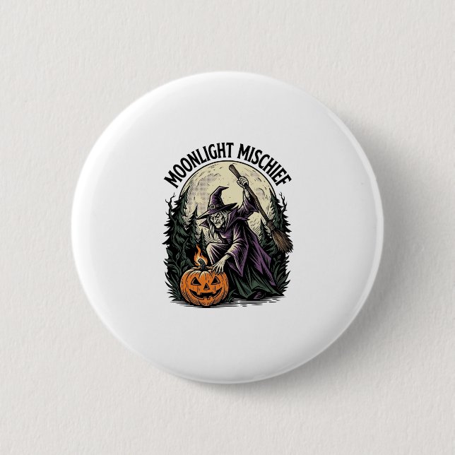 Vintage Halloween Witch Moonlight Mischief Graphic Button (Front)