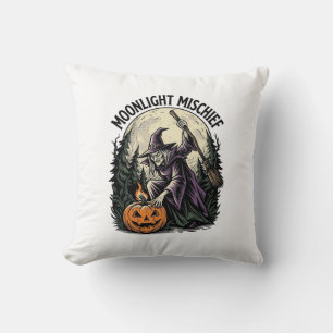 Vintage Halloween Witch Moonlight Mischief Graphic Throw Pillow