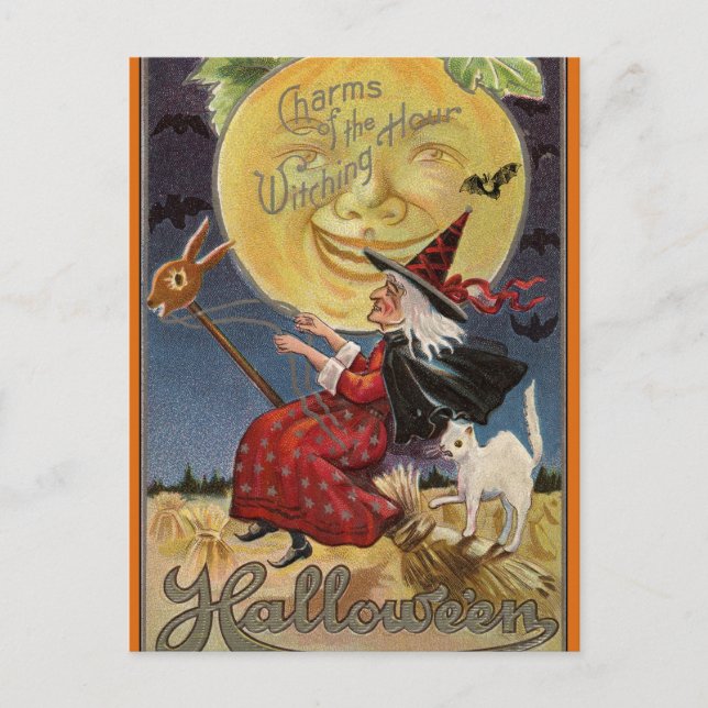 Vintage Halloween Witch on a Broom  Holiday Postcard (Front)