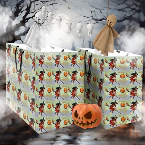 Vintage Halloween Witch On Broom Large Gift Bag