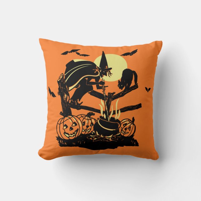 Vintage Halloween Witch on Fence Throw Pillow (Front)