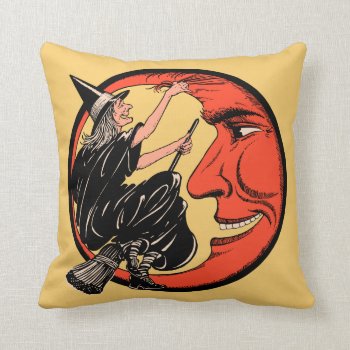 Vintage Halloween Witch On Her Broom Throw Pillow by Vintage_Halloween at Zazzle