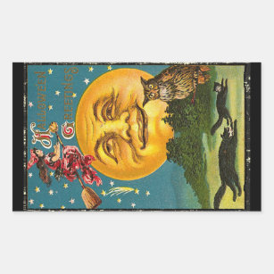 Vintage Halloween Witch over the Moon Rectangular Sticker