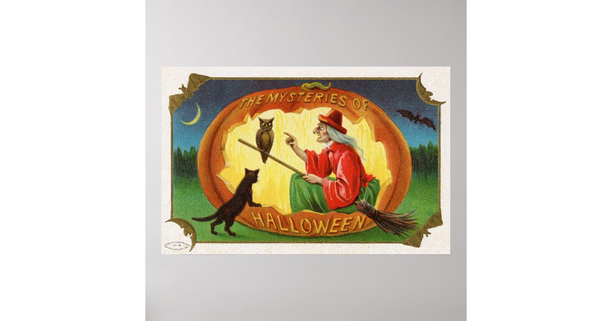 Vintage Halloween witch owl cat decor poster | Zazzle