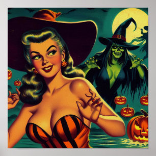 Vintage Halloween Witch Pin Up Poster