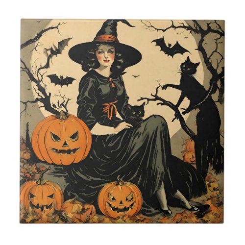 Vintage Halloween Witch Pumpkin Black Cat Bats  Ceramic Tile