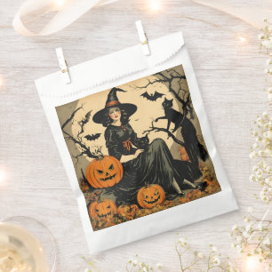 Vintage Halloween Witch, Pumpkin, Black Cat, Bats Favor Bag