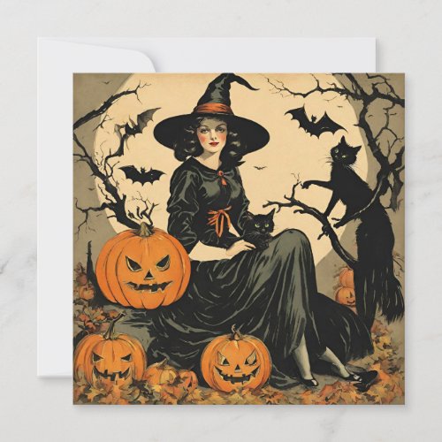 Vintage Halloween Witch Pumpkin Black Cat Bats  Holiday Card