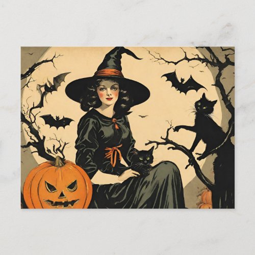 Vintage Halloween Witch Pumpkin Black Cat Bats  Holiday Postcard