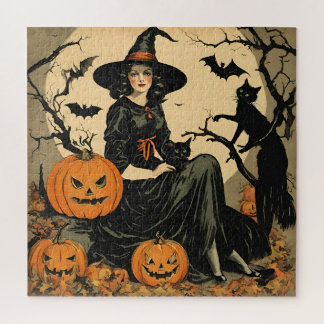 Vintage Halloween Witch, Pumpkin, Black Cat, Bats Jigsaw Puzzle