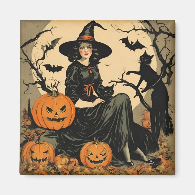 Vintage Halloween Witch, Pumpkin, Black Cat, Bats  Magnet (Front)