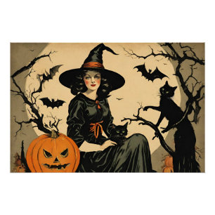 Vintage Halloween Witch, Pumpkin, Black Cat, Bats  Poster