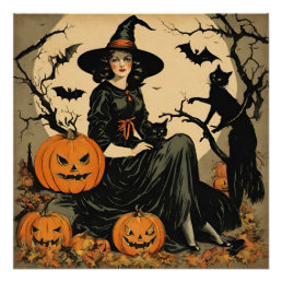 Vintage Halloween Witch, Pumpkin, Black Cat, Bats  Poster